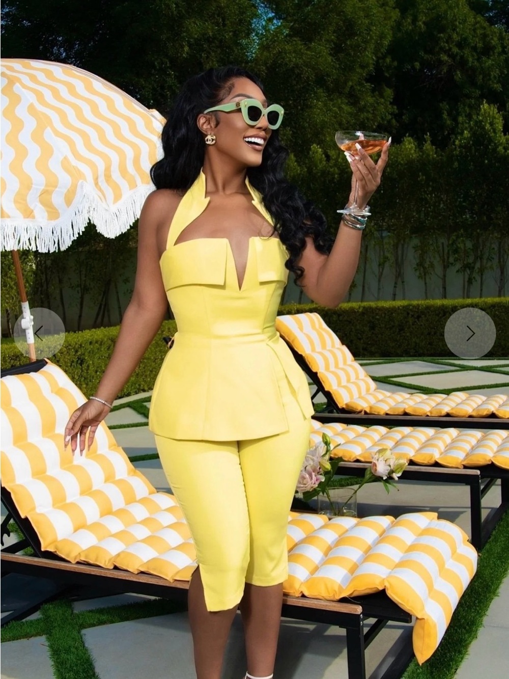 Ellae Lisque Yellow Halter Peplum Capri Set